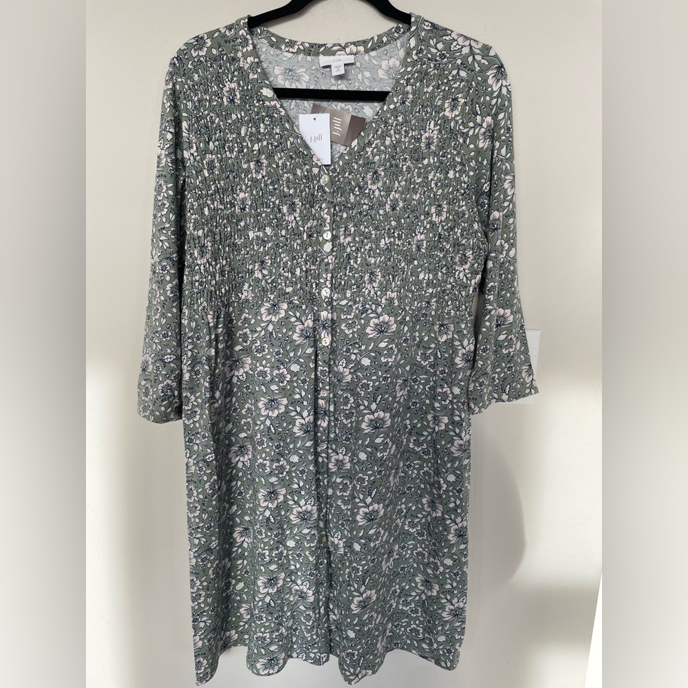 NWT J. Jill W Sage-Green/Ivory Multi Floral Smocked Button-Front Knit Dress MP